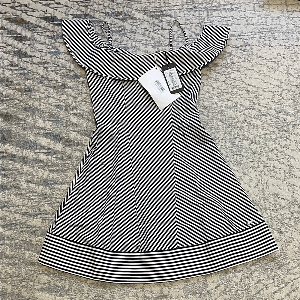 ARMANI EXCHANGE Black & White Striped Off-Shoulder Dress